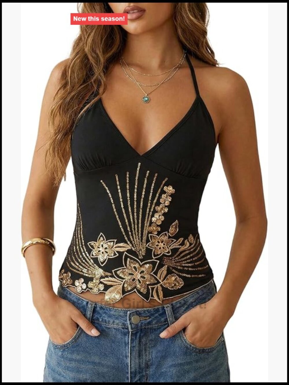 Women's Sequin Halter Crop Top with Floral Embroidery, Sleeveless Y2K Club